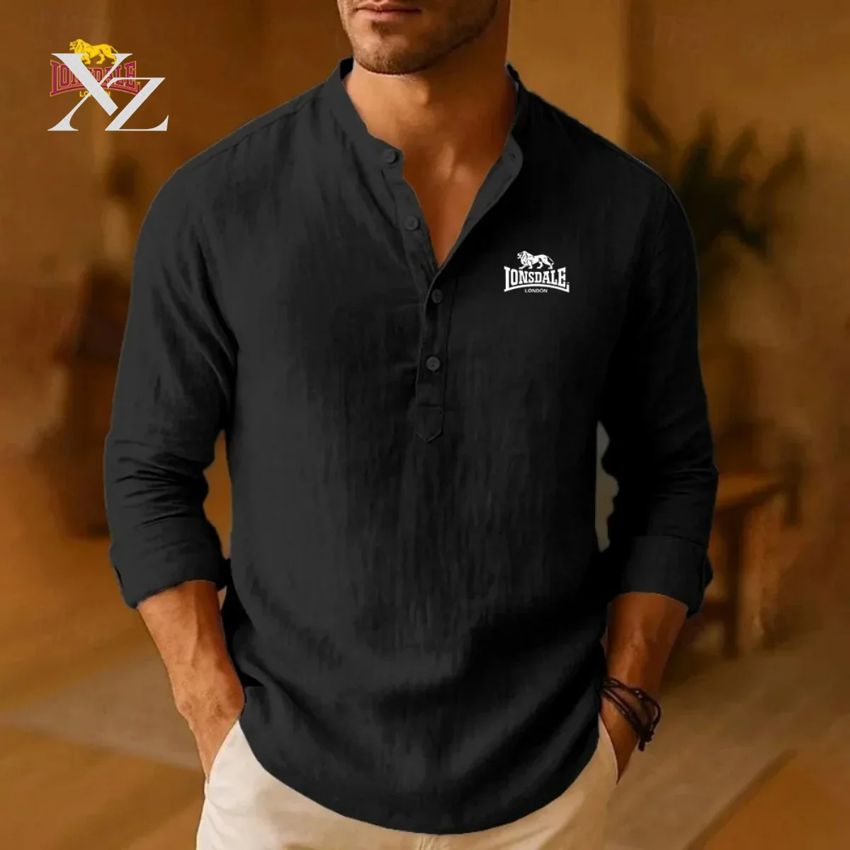 Mens Linen Shirt Long Sleeve - LONSDALE Men's New Casual Shirts, Including