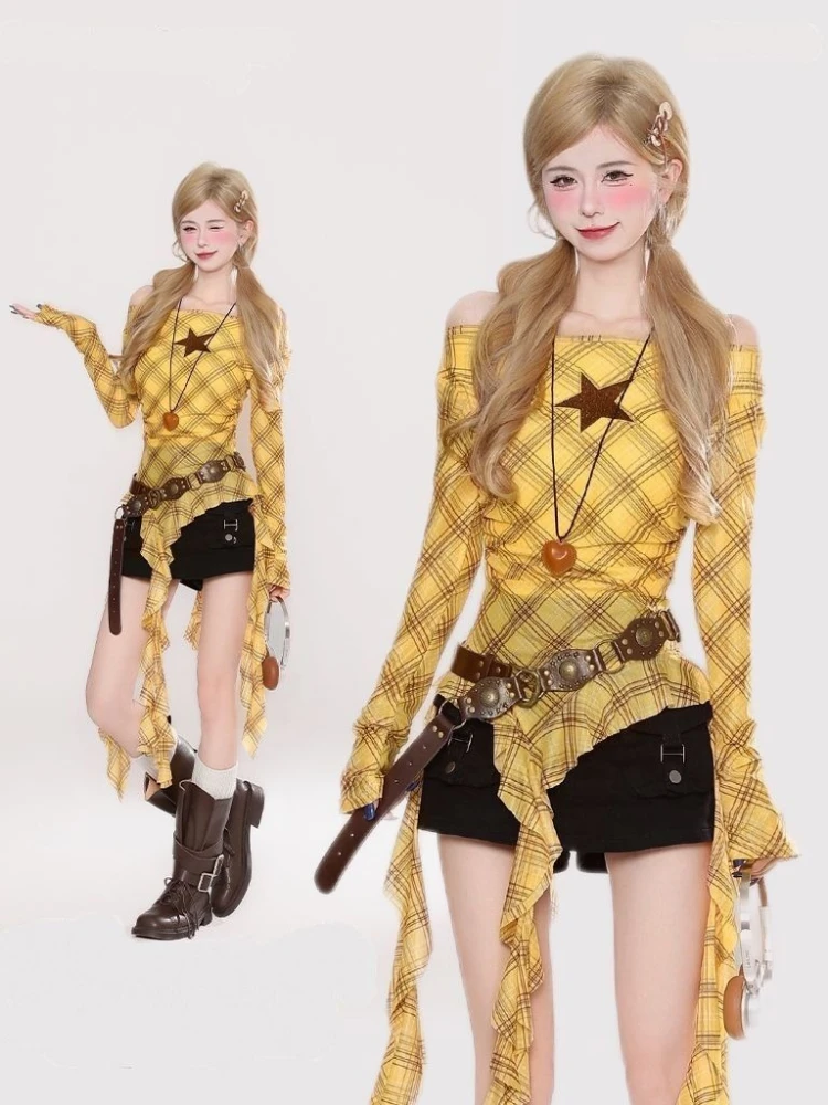 Y2K Plaid Slash Neck Vintage T - огляд і ціна T-Shirts