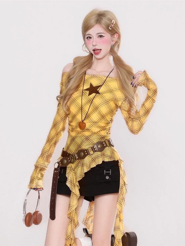 Y2K Plaid Slash Neck Vintage T - огляд і ціна T-Shirts