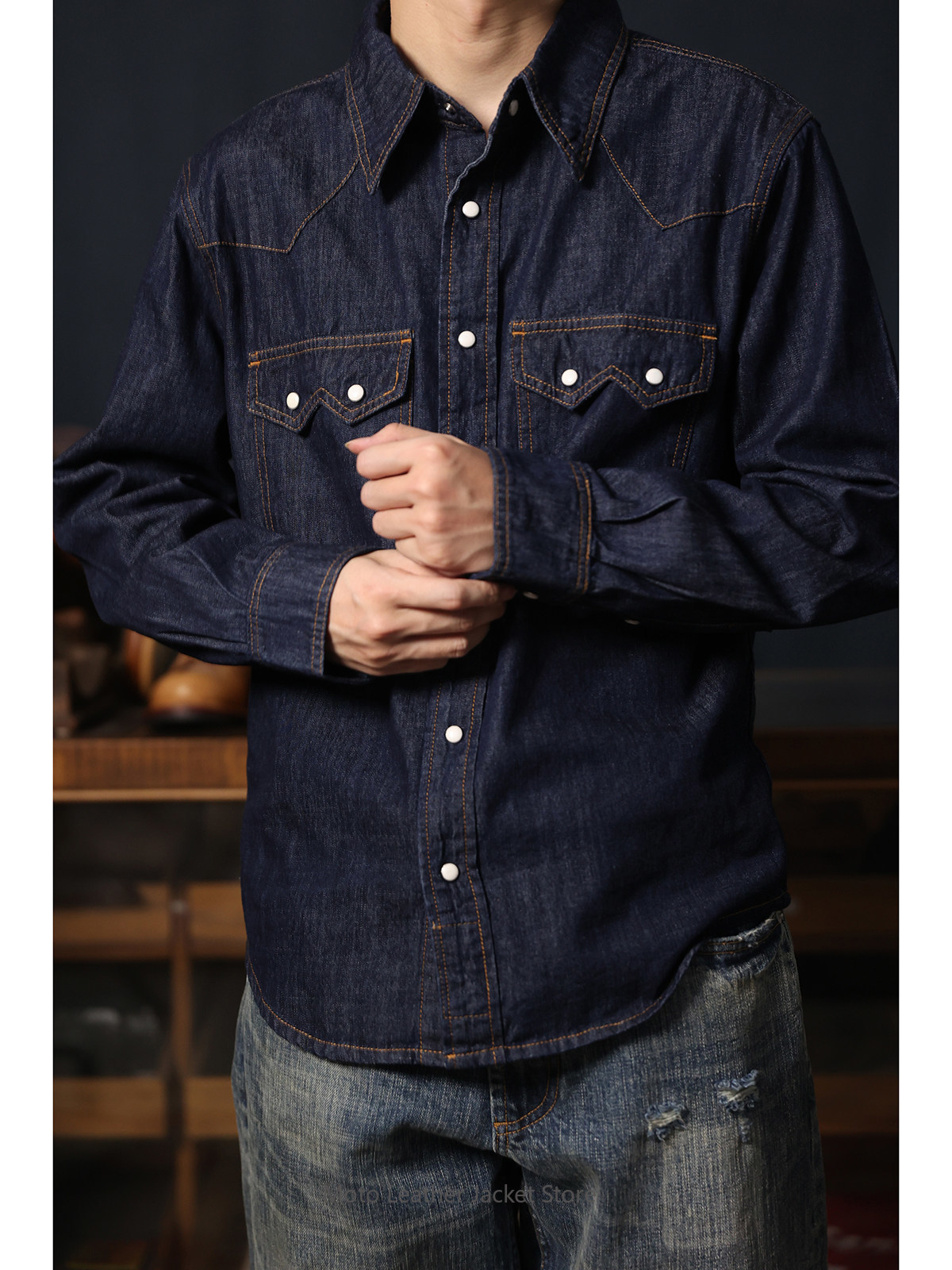 American Retro Western Denim S - огляд і ціна Mens Western Denim Pearl Snap Shirt